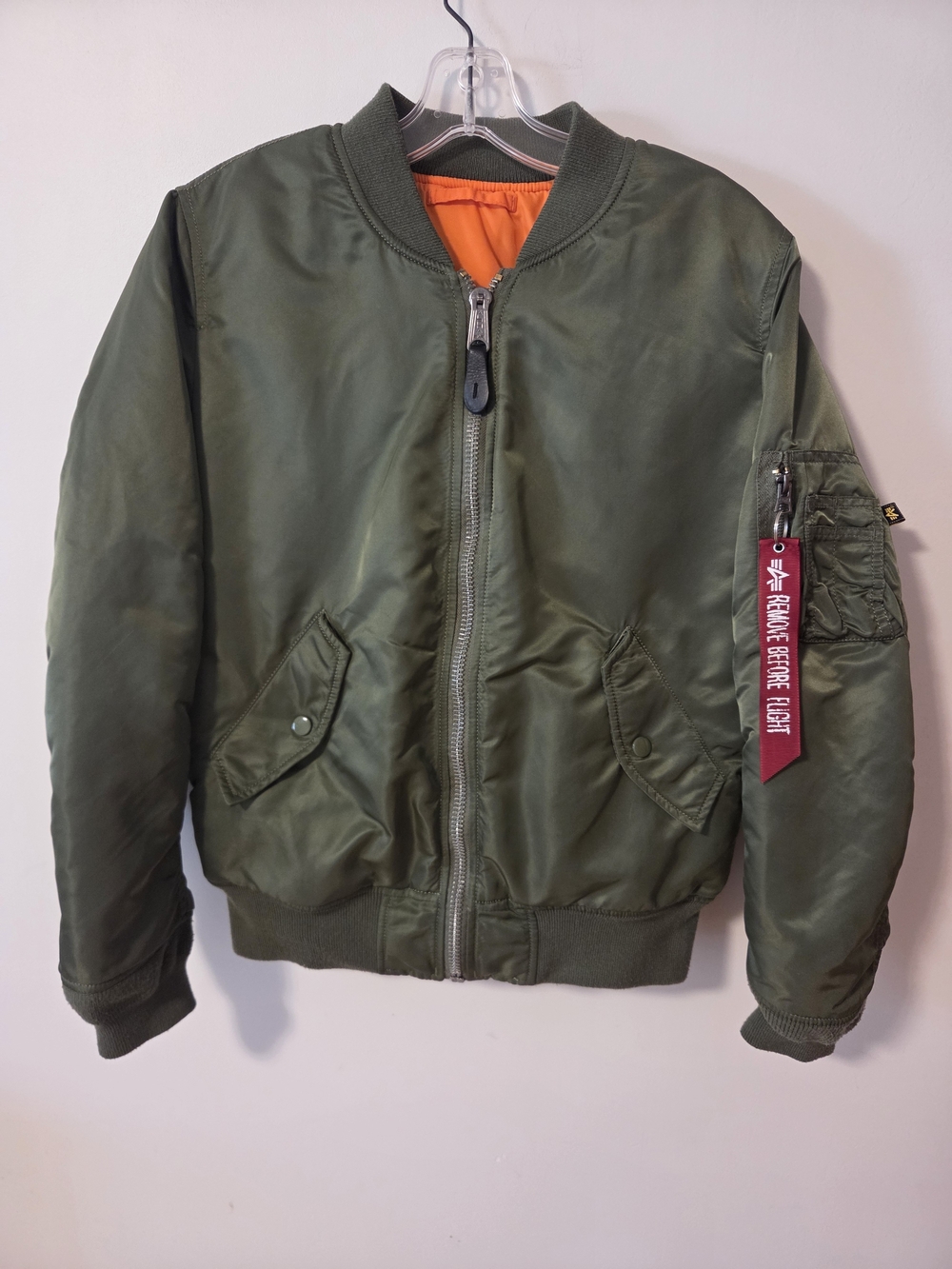 Alpha Industries Olive Green Bomber Jacket with Orange Lining